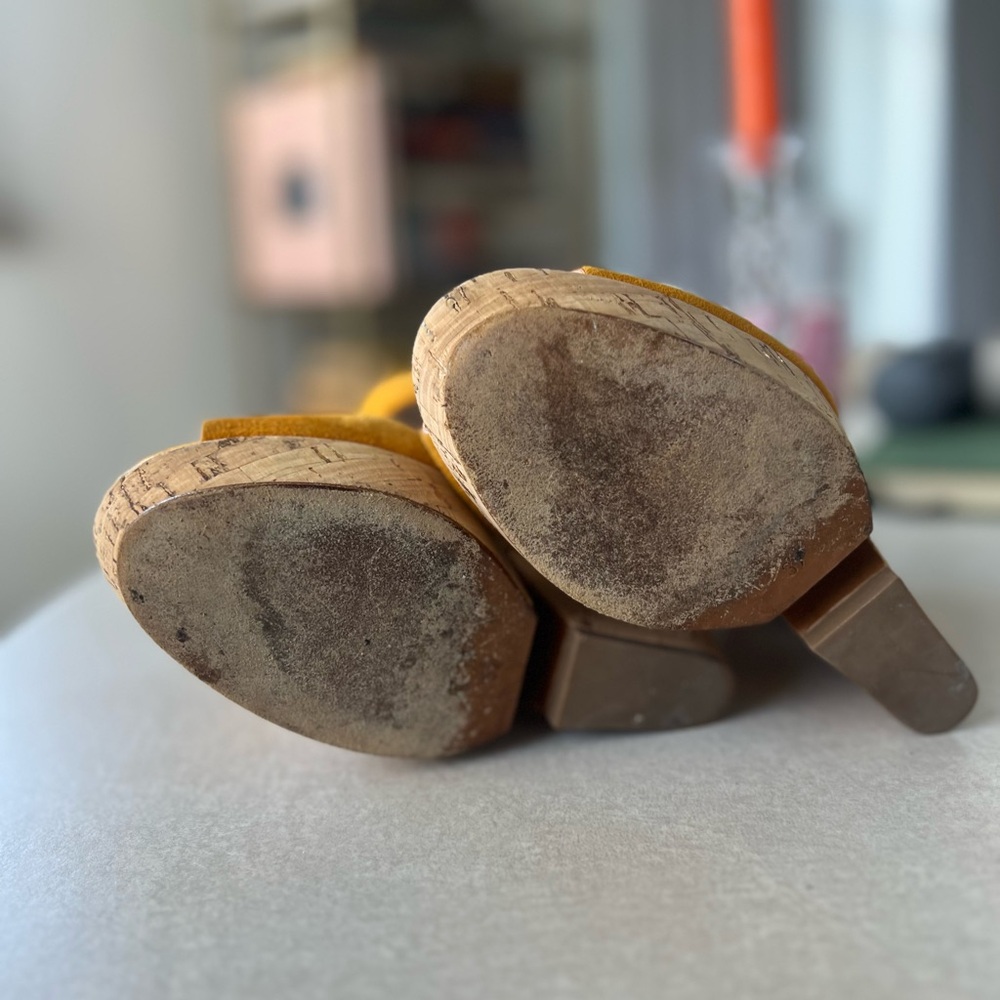 Yves Saint Laurent | YSL | Deauville Cork Heel Wedge Sandals | Yellow Marigold - Picture 5 of 8